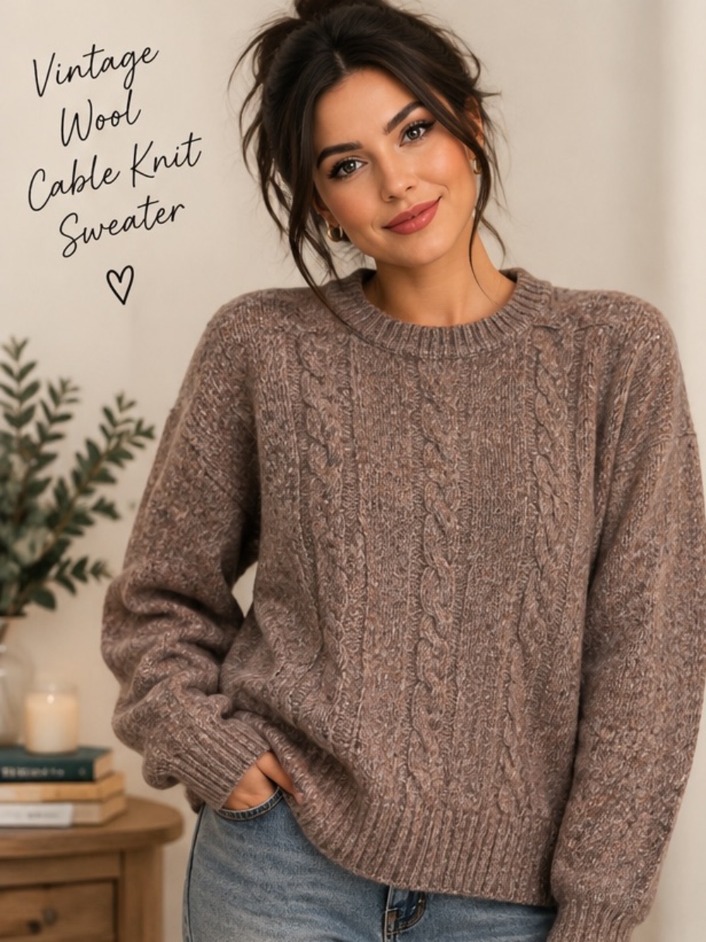 Vintage Wool Cable Knit Sweater - Taupe Brown size large